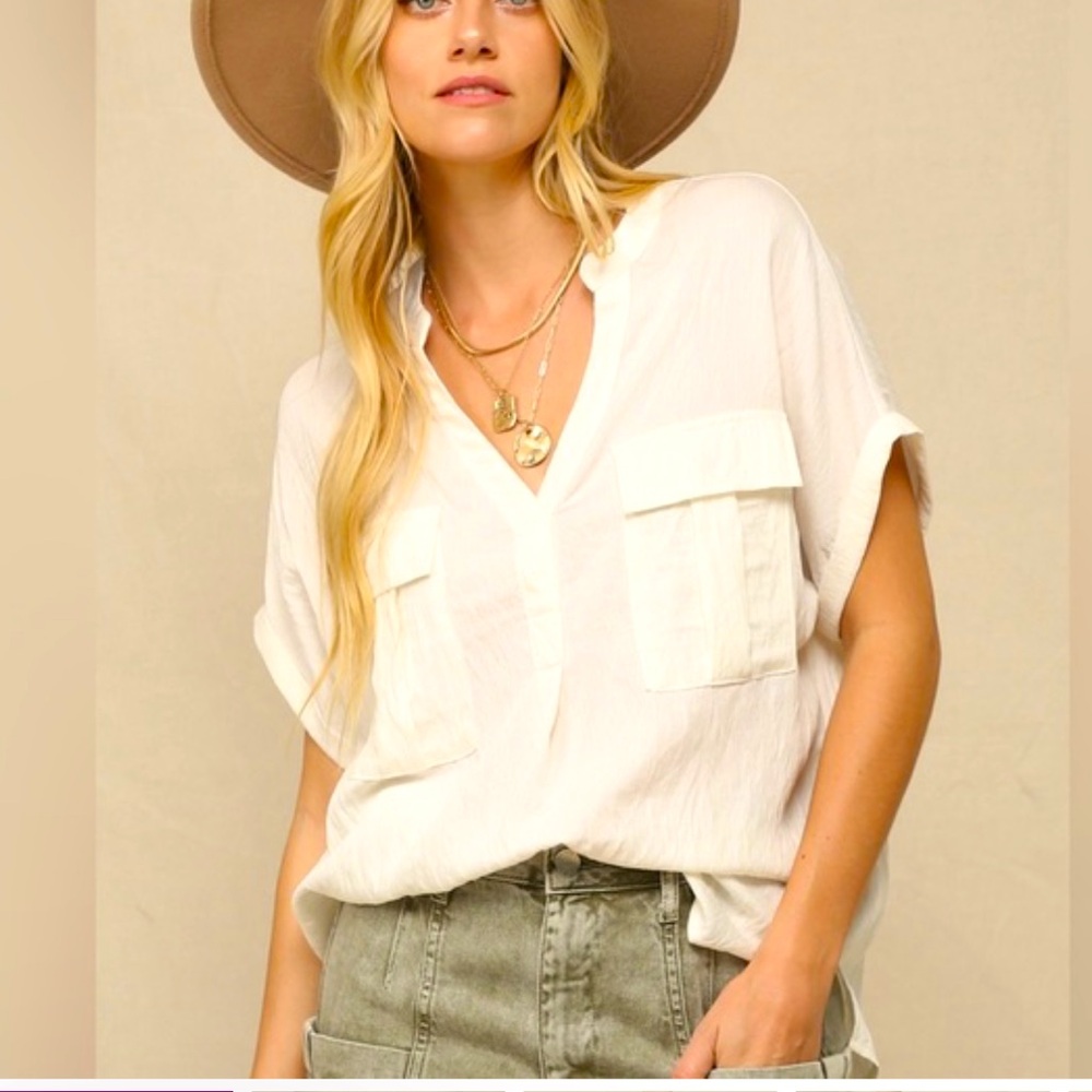 KYEMI FLAP POCKET BOHO CREAM TOP -SIZE LARGE - EUC